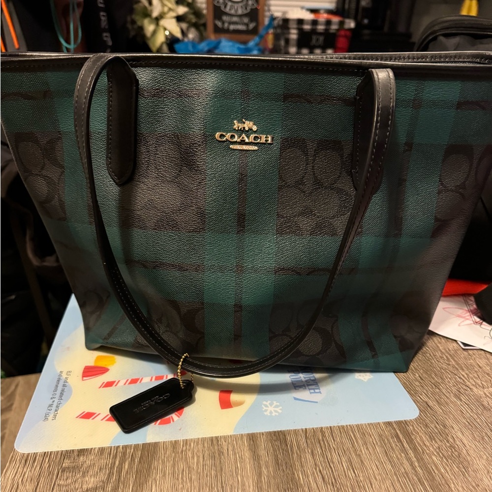 Coach Signature Canvas Zip Top Tote Field Plaid Print Black Deep Ocean F80028